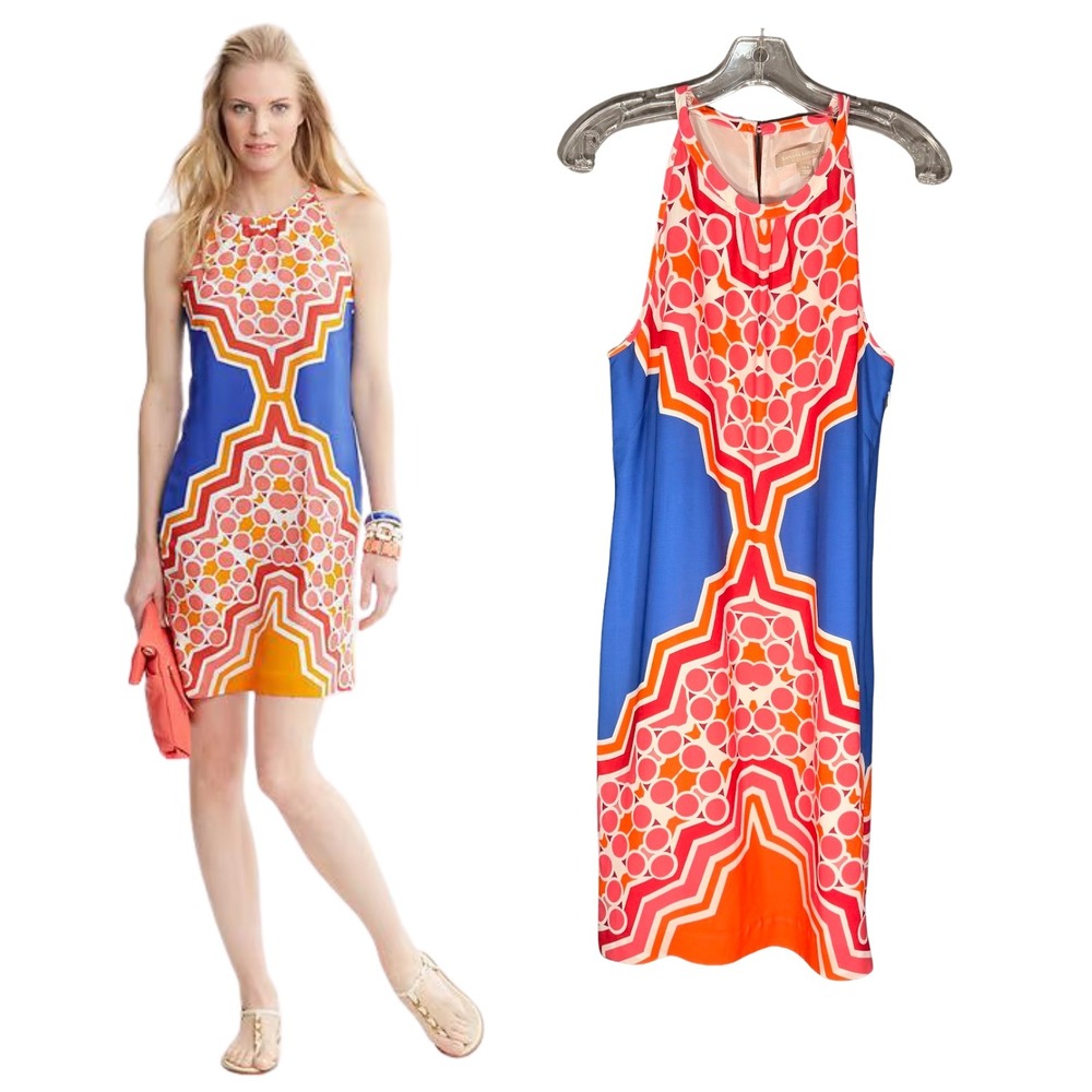Banana Republic Women 14 Blue Orange Pink Geometric Halter Shift Dress Medallion
